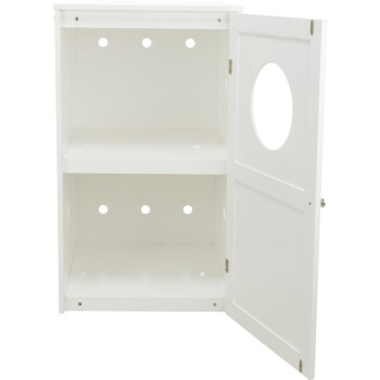 Weißer Holzhaustier-Schrank mit zwei Regalen und einem runden Ausschnitt an der Tür, entworfen zur Aufbewahrung von Haustierbedarf.