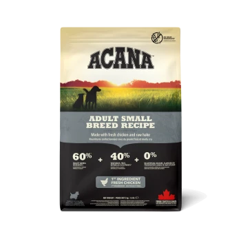 ACANA Adult Small Breed dog food bag with fresh chicken as the first ingredient, 60% animal ingredients, and 40% vegetables.