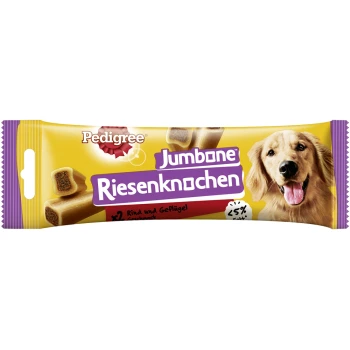 Verpackung von Pedigree Jumbone Riesenknocken-Hundeleckerlis mit einem lächelnden Golden Retriever, mit Text, der Rind- und Geflügelgeschmack und 5% Fett angibt.
