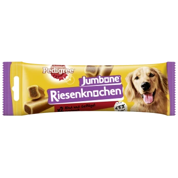Emballage des friandises pour chiens Pedigree Jumbone Riesenknocken mettant en vedette un golden retriever souriant, avec un texte indiquant saveur de boeuf et de volaille et 5% de matières grasses.