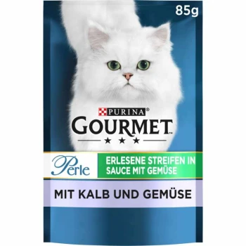 Purina Gourmet Katzenfutterverpackung mit einer weißen Katze, beschriftet "Perle" mit "Erlesene Streifen in Sauce mit Gemüse" und "Mit Kalb und Gemüse," 85g.