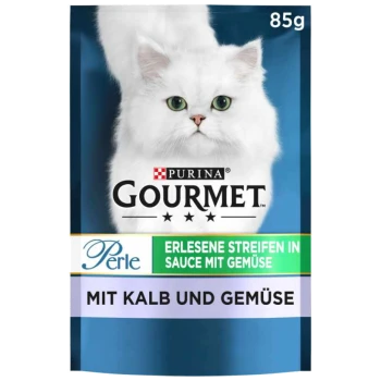 Purina Gourmet Katzenfutterverpackung mit einer weißen Katze, beschriftet "Perle" mit "Erlesene Streifen in Sauce mit Gemüse" und "Mit Kalb und Gemüse," 85g.