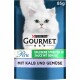Purina Gourmet Katzenfutterverpackung mit einer weißen Katze, beschriftet "Perle" mit "Erlesene Streifen in Sauce mit Gemüse" und "Mit Kalb und Gemüse," 85g.