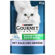 Purina Gourmet Katzenfutterverpackung mit einer weißen Katze, beschriftet "Perle" mit "Erlesene Streifen in Sauce mit Gemüse" und "Mit Kalb und Gemüse," 85g.