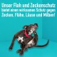 Ein schwarzer Hund mit einer weißen Brust kratzt sich das Ohr gegen einen türkisfarbenen Hintergrund. Text: "Unser Floh und Zeckenschutz bietet wirksamen Schutz!"