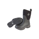 Schwarze wasserdichte Gummistiefel mit einer strukturierten Sohle, ausgestattet mit einem Zugband und einem Logo an der Seite, vor einem weißen Hintergrund präsentiert.