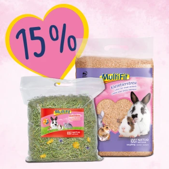 Image de fournitures pour animaux de compagnie : deux sacs étiquetés "Multifit Blütenheu" (foin de fleurs) et "Kleintierstreu" (litière), tous deux 100% naturels.