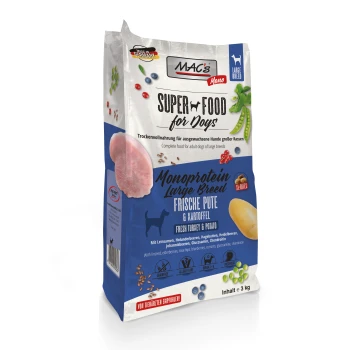 Hundefutterbeutel mit "MAC's Super Food for Dogs" mit frischem Truthahn und Kartoffel, geeignet für große Rassen, 3 kg.
