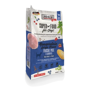 Hundefutterbeutel mit "MAC's Super Food for Dogs" mit frischem Truthahn und Kartoffel, geeignet für große Rassen, 3 kg.