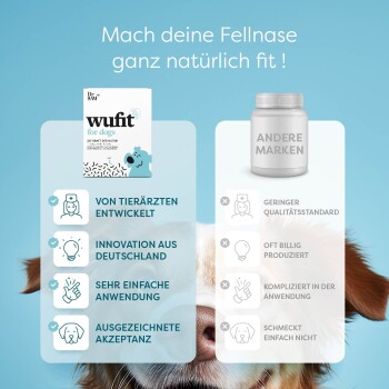 Bild, das das Supplement "wufit für Hunde" bewirbt, mit Vorteilen wie tierärztlich entwickelt, einfache Anwendung und hohe Akzeptanz, im Vergleich zu anderen Marken.