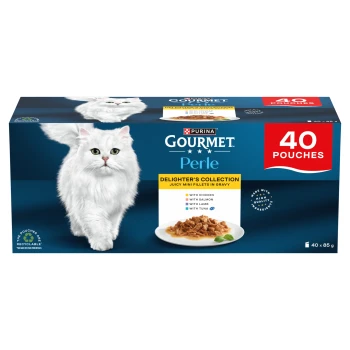 Purina Gourmet Perle cat food box with white long-haired cat, plate of food, Delighter's Collection and 40 POUCHES