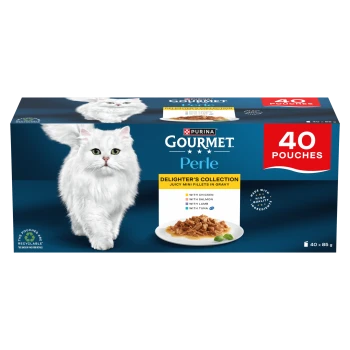 Purina Gourmet Perle cat food box with white long-haired cat, plate of food, Delighter's Collection and 40 POUCHES