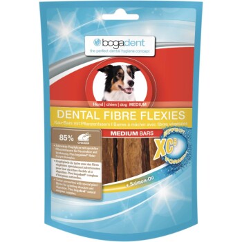 Bogadent Dental Fibre Flexies mittelgroße Hundekaustangen Packung mit Hundefoto; 85% Huhn, +Lachsöl, XC5-Formel.