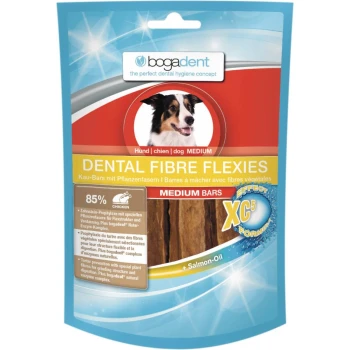 Bogadent Dental Fibre Flexies mittelgroße Hundekaustangen Packung mit Hundefoto; 85% Huhn, +Lachsöl, XC5-Formel.