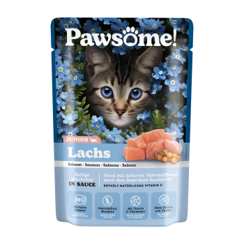 Katze Futterbeutel mit dem Gesicht eines Kätzchens und blauen Blumen, beschriftet mit "Lachs", hebt Zutaten und Vorteile hervor.