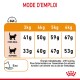 Tableau d'instructions pour les portions de nourriture pour chats en fonction du poids, montrant les directives d'alimentation idéales et en surpoids en grammes.
