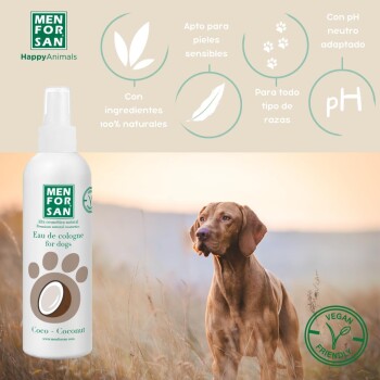 Eine Flasche MEN FOR SAN kokosduftendes Eau de Cologne für Hunde, geeignet für alle Rassen, mit natürlichen Inhaltsstoffen und veganfreundlich.