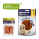 PREMIERE kauwsnackrollen voor honden met kip, 200g, met een golden retriever en tekst "Nieuw ONTWERP, dezelfde KWALITEIT" in het Engels en Duits.