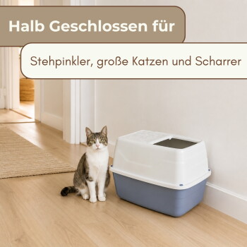 Getigerte Katze neben einer überdachten Katzentoilette. Sichtbarer Text: 'Halb Geschlossen für – Stehpinkler, große Katzen und Scharrer'.
