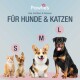 Pawlie's Werbung mit einer Katze und drei Hunden unterschiedlicher Größen, die mit S, M und L beschriftet sind, mit dem Text "FÜR HUNDE & KATZEN."
