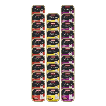 Vom Feinsten Kitten Vielfalt für Katzenkinder 32x100 g Eine Anzeige von gestapelten Katzenfutterdosen mit der Aufschrift "animonda FEINSTEN KITTEN" in verschiedenen Geschmacksrichtungen, mit bunten Verpackungen und Bildern von Kätzchen.