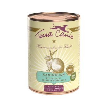 Dose mit Terra Canis Hundefutter mit einer Kaninchenillustration, beschriftet "Kaninchen mit Zucchini, Amaranth & Bärlauch."