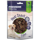 Premiere I love my dog Fleischsnackwürfel, mit einer Nahaufnahme von braunen Fleischwürfeln in einer transparenten Tüte. Enthält 80% Fleisch.