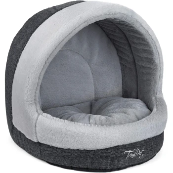 LunaHome Kuschelhöhle grau S Gemütliches Haustierbett mit runder Form, mit einem weichen grauen Innenraum und einem dunkelgrauen Außenbereich, beschriftet mit "TrendPet."