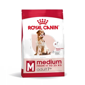 Sac de nourriture pour chien Royal Canin pour chiens de taille moyenne (11-25 kg), étiqueté "adulte 7+" avec un golden retriever, promouvant la masse musculaire et la vitalité.