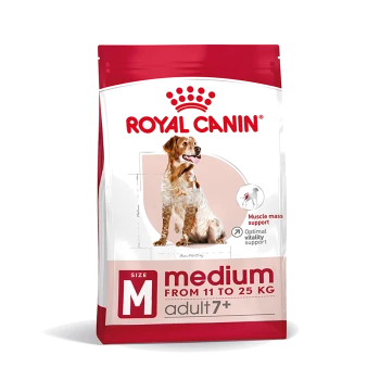 Royal Canin Hundefutterbeutel für mittelgroße Hunde (11-25 kg), gekennzeichnet mit "Erwachsene 7+" mit einem Golden Retriever, der Muskelmasse und Vitalität fördert.