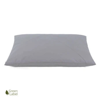 Graues Haustierbett mit einem schlichten Design, mit einem diagonalen Nahtmuster und dem "Doctor Bark"-Logo, beschriftet mit "Green Label."