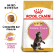 Sac de nourriture pour chatons Royal Canin Maine Coon présentant un chaton Maine Coon joueur, avec un texte mettant en avant la nutrition de la race et des croquettes adaptées.