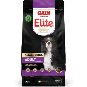 2kg bag of Gain Elite Complete Dog Nutrition for small dogs, featuring a Cavalier King Charles Spaniel and key benefits listed.