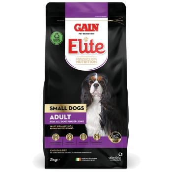 2kg bag of Gain Elite Complete Dog Nutrition for small dogs, featuring a Cavalier King Charles Spaniel and key benefits listed.