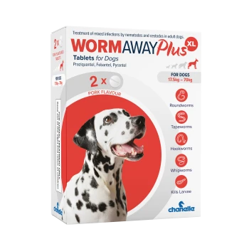 WormAway Plus XL dewormer box for dogs 17.5–70kg, pork flavour, 2×; Dalmatian image; treats roundworms and tapeworms