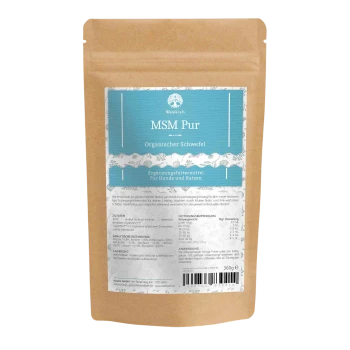 Braune Kraft-Verschlussbeutel mit blauem Etikett 'MSM Pur' — 'Organischer Schwefel', Ergänzungsfuttermittel für Hunde und Katzen, 360 g.