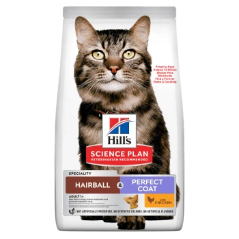 Hill's Science Plan Katzenfuttertüte mit getigerter Katze; Aufschrift 'HAARBALLEN & PERFEKTES FELL', 'mit HÜHNCHEN', 'Von Tierärzten empfohlen'.