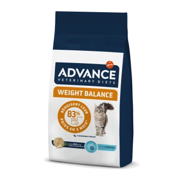 Sac de nourriture pour chats Advance Veterinary Diets Weight Balance avec une image de chat, affirmant que 83 % des chats réduisent leur poids en 3 mois.