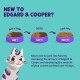 Illustration showing a cartoon cat and a feeding guide for transitioning to Edgard & Cooper cat food over 10 days.