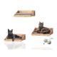 Zwei Katzen, die auf hölzernen Haustierbetten mit grauen Kissen entspannen, begleitet von zwei Seilbällen.