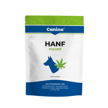 Canina HANF PULVER-Beutel für Hunde mit blauer Hundesilhouette und grünem Hanfblatt, beschriftet mit 'FÜR HUNDE'.