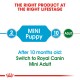 Infographic showing pet food transition from "MINI Puppy" at 2 months to "Adult" at 10 months, with a note to switch to Royal Canin Mini Adult.