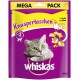 Opakowanie przysmaków dla kotów Whiskas Knuspertaschen, z szarym kotem o żółtych oczach, z napisem wskazującym na smak kurczaka i sera, 180g.