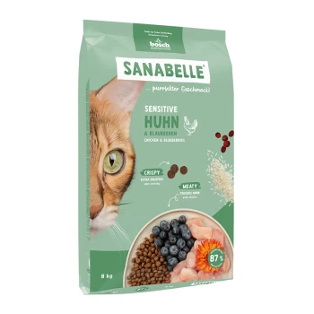Katzenfutterbeutel beschriftet "Sanabelle Sensitive Huhn & Blaubeeren" mit dem Gesicht einer Katze, Kroketten, Hühnerstücken und Blaubeeren.