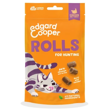 Orange bag of Edgard Cooper ROLLS for Hunting cat treats — 86% chicken & turkey, soft and tender, with natural ingredients