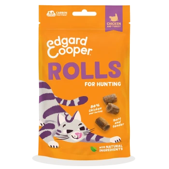 Orange bag of Edgard Cooper ROLLS for Hunting cat treats — 86% chicken & turkey, soft and tender, with natural ingredients