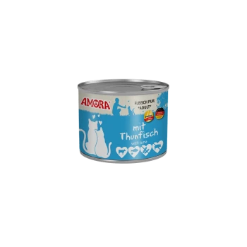Amora Katzenfutterdose für Erwachsene, blaues Etikett mit zwei Katzensilhouetten und Text 'mit Thunfisch (with tuna)' sowie 'FLEISCH PUR ADULT'.