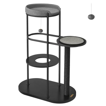 Ein eleganter schwarzer Haustierbaum mit einer grauen oberen Plattform, auf der eine Sphynx-Katze sitzt und eine andere nach einem Spielzeug darunter greift.