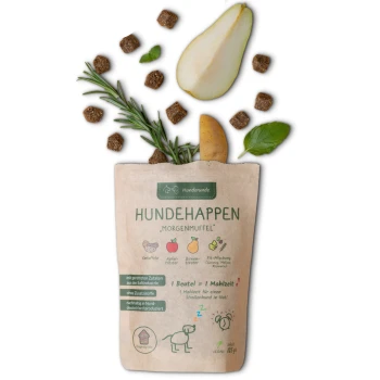 Morgenmuffel vegane Snacks 375 g Eine Tüte "Hundehappen Morgenmuffel" Hundefutter mit einer Birne, Kräutern und braunen Krokettenstücken, mit Text, der die Zutaten und den veganen Anspruch hervorhebt.