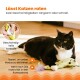 Eine schwarz-weiße Katze ruht auf einem Holzboden neben einem grünen Spielzeug. Der Text darüber sagt "Lässt Katzen raten" mit Geschwindigkeitsstufen.